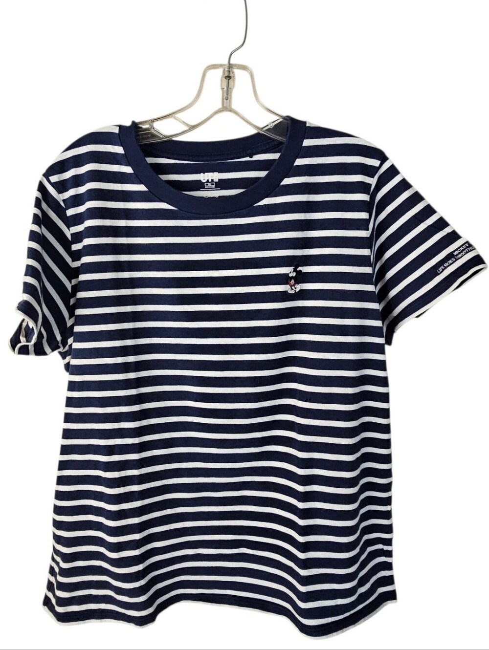 Uniqlo X Disney Mickey Navy & White Striped Tee with Small Embroidered Logo
